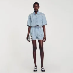 Mulheres Sandro Paris Calça Jeans Curta Larga Com Strass