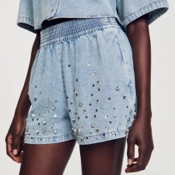 Mulheres Sandro Paris Calça Jeans Curta Larga Com Strass