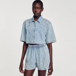 Mulheres Sandro Paris Calça Jeans Curta Larga Com Strass