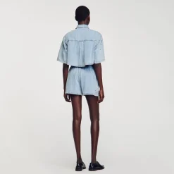 Mulheres Sandro Paris Calça Jeans Curta Larga Com Strass