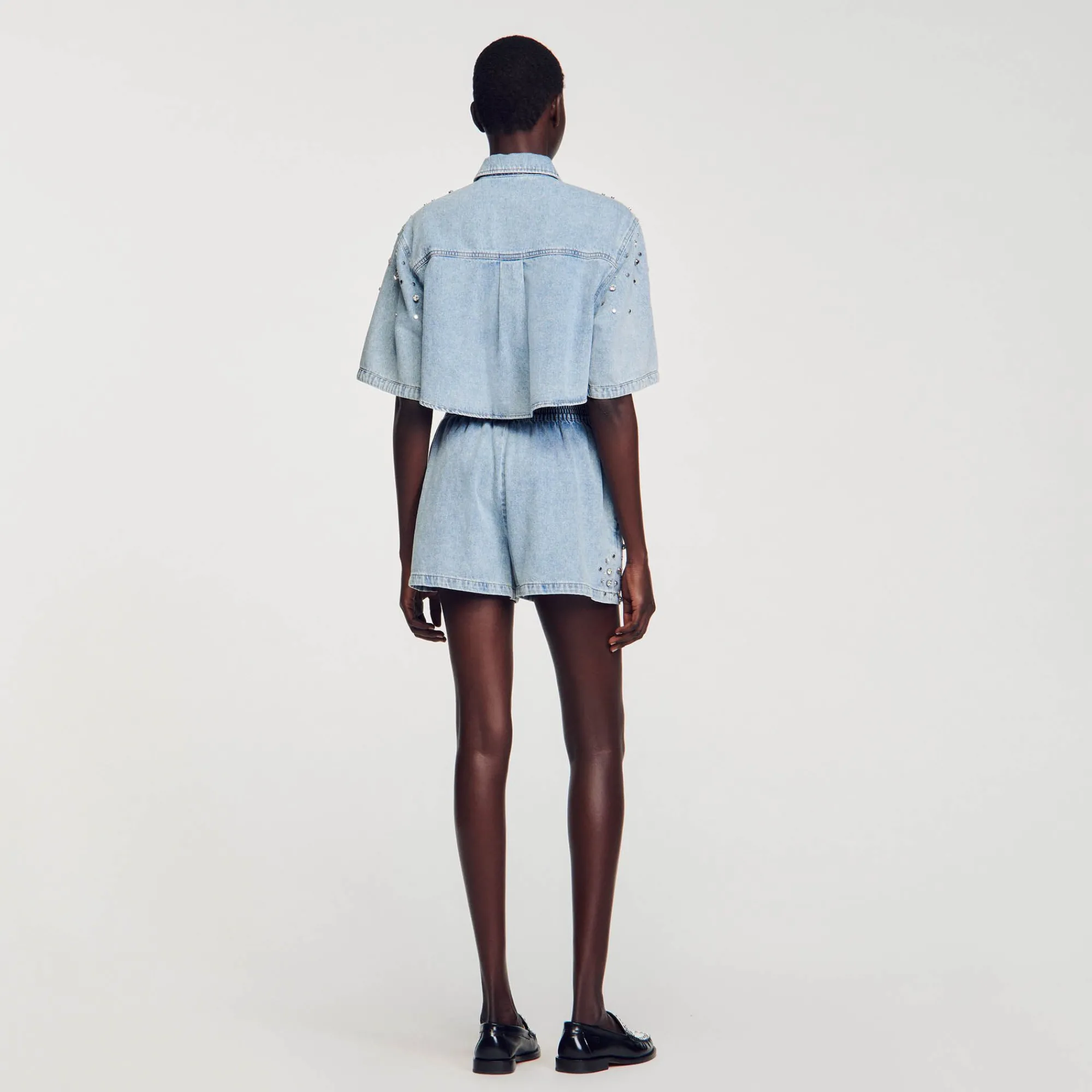 Mulheres Sandro Paris Calça Jeans Curta Larga Com Strass