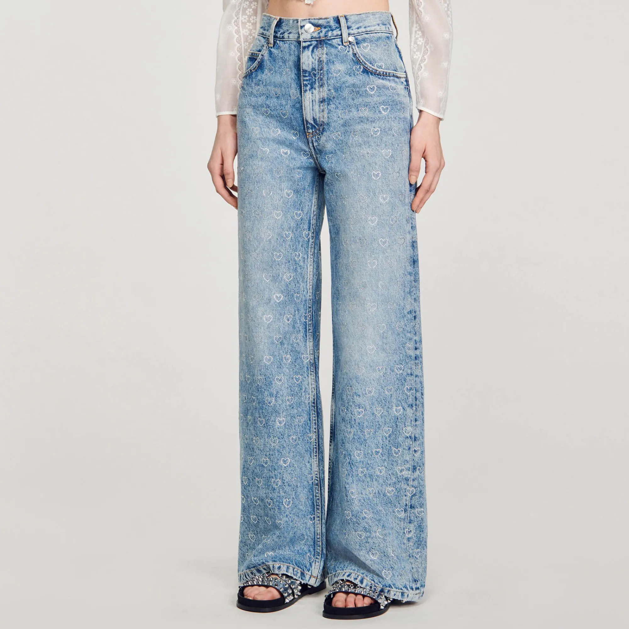 Mulheres Sandro Paris Calça Jeans Larga Com Coracoes De Strass