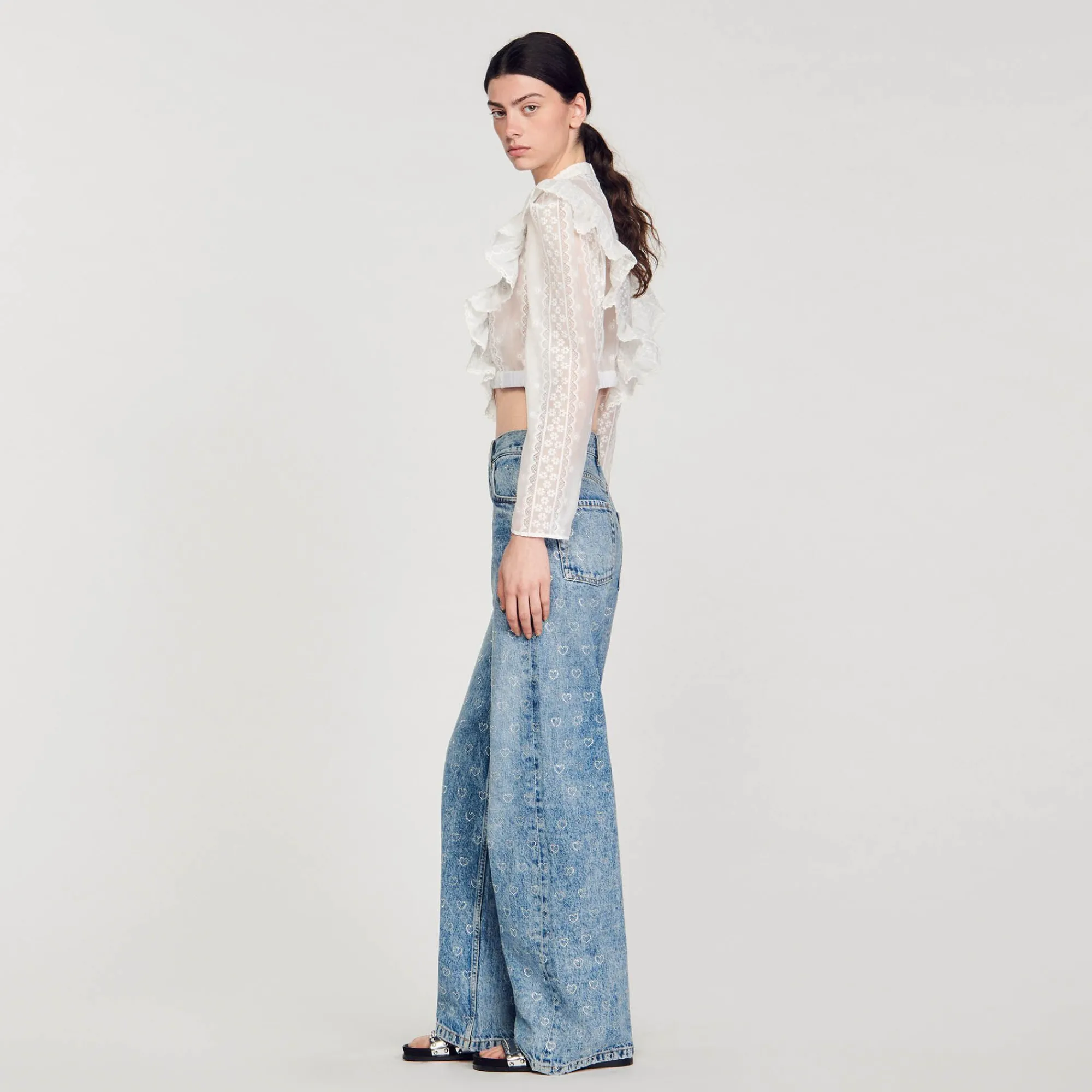 Mulheres Sandro Paris Calça Jeans Larga Com Coracoes De Strass