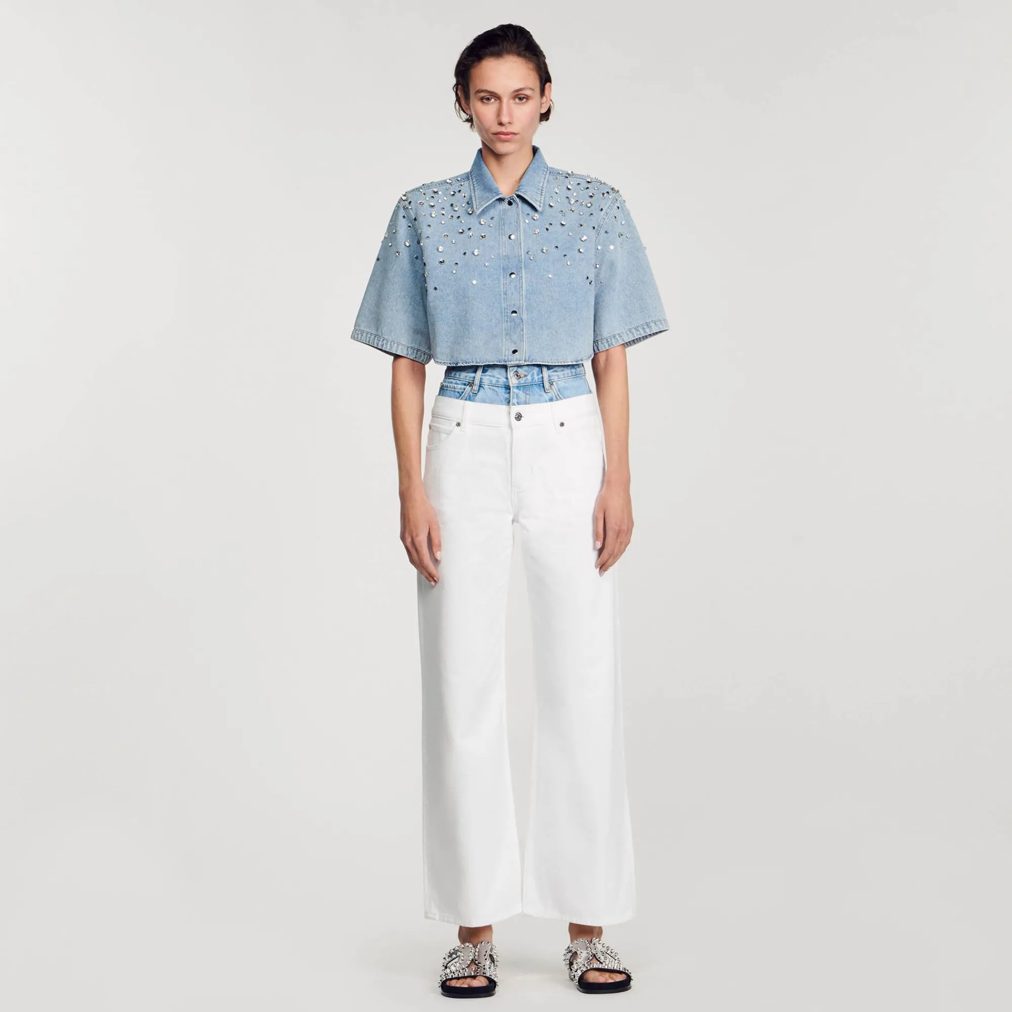 Mulheres Sandro Paris Camisa Curta Com Strass