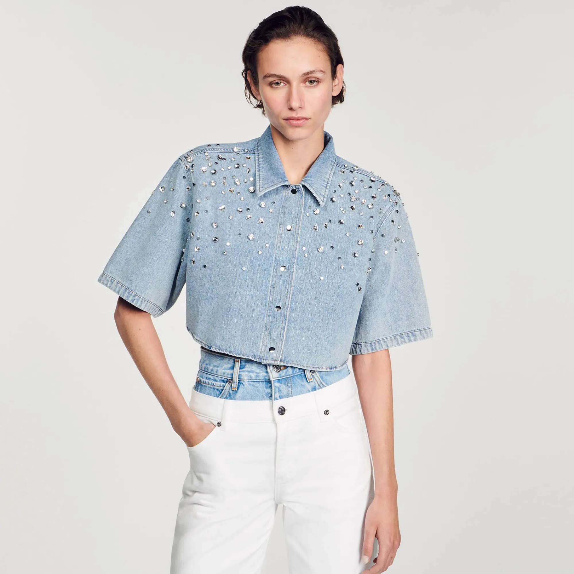 Mulheres Sandro Paris Camisa Curta Com Strass