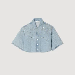 Mulheres Sandro Paris Camisa Curta Com Strass