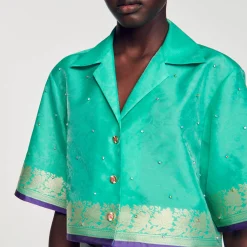 Mulheres Sandro Paris Camisa Curta Jacquard Com Strass