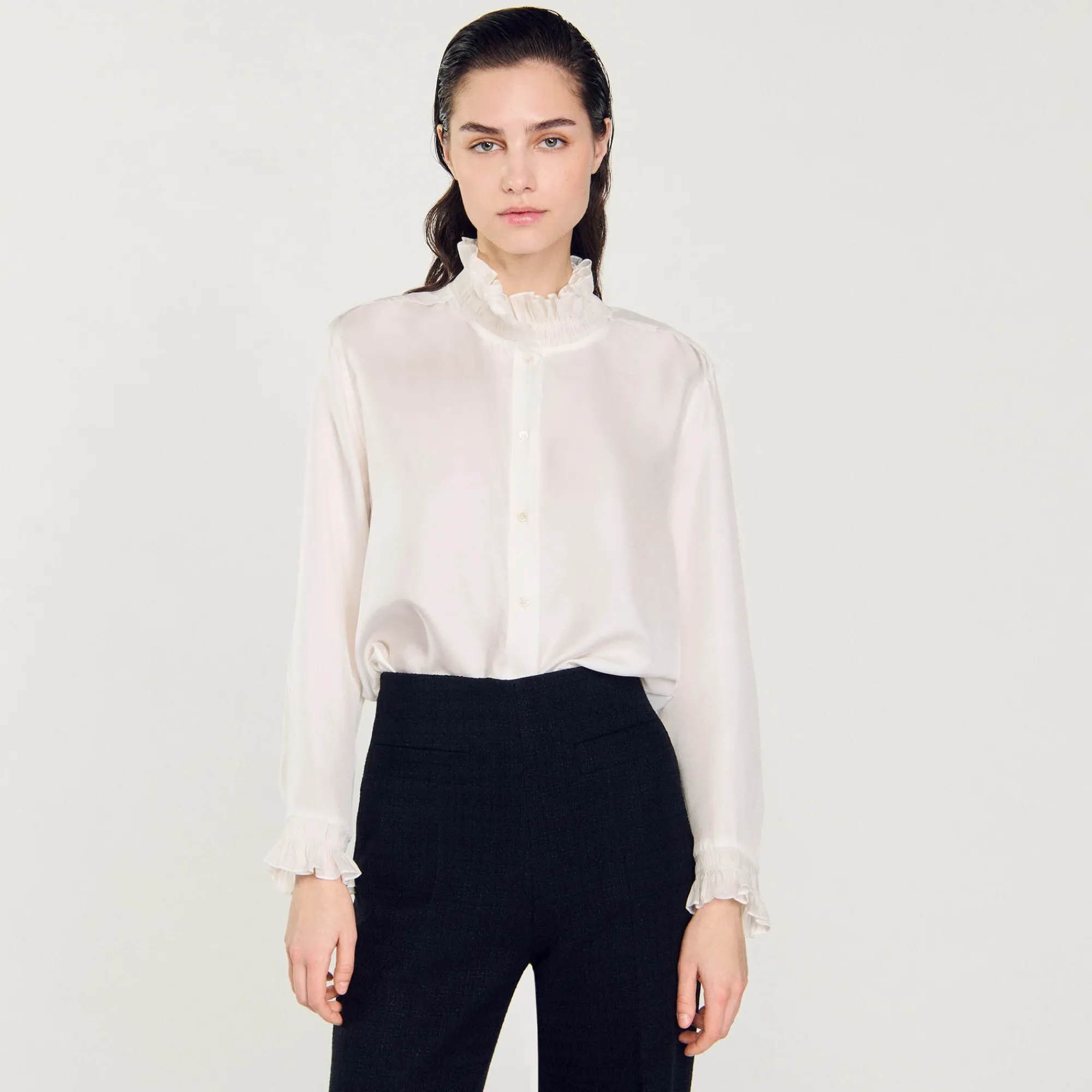 Mulheres Sandro Paris Camisa De Seda Com Gola Franzida