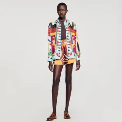 Mulheres Sandro Paris Camisa De Seda Estampada