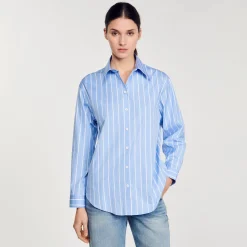 Mulheres Sandro Paris Camisa Listrada Com Renda Nas Costas