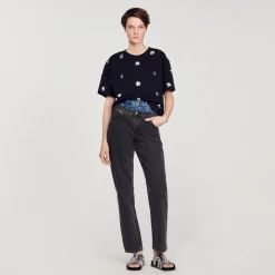 Mulheres Sandro Paris Camiseta Com Flores De Lantejoulas