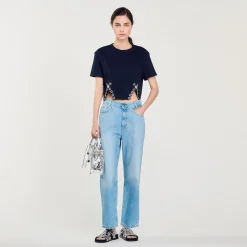 Mulheres Sandro Paris Camiseta Curta Com Detalhe De Strass