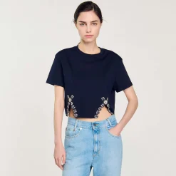 Mulheres Sandro Paris Camiseta Curta Com Detalhe De Strass