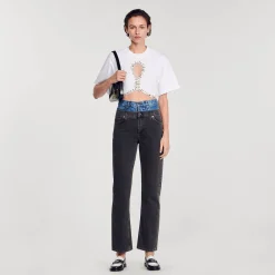 Mulheres Sandro Paris Camiseta Curta Com Strass