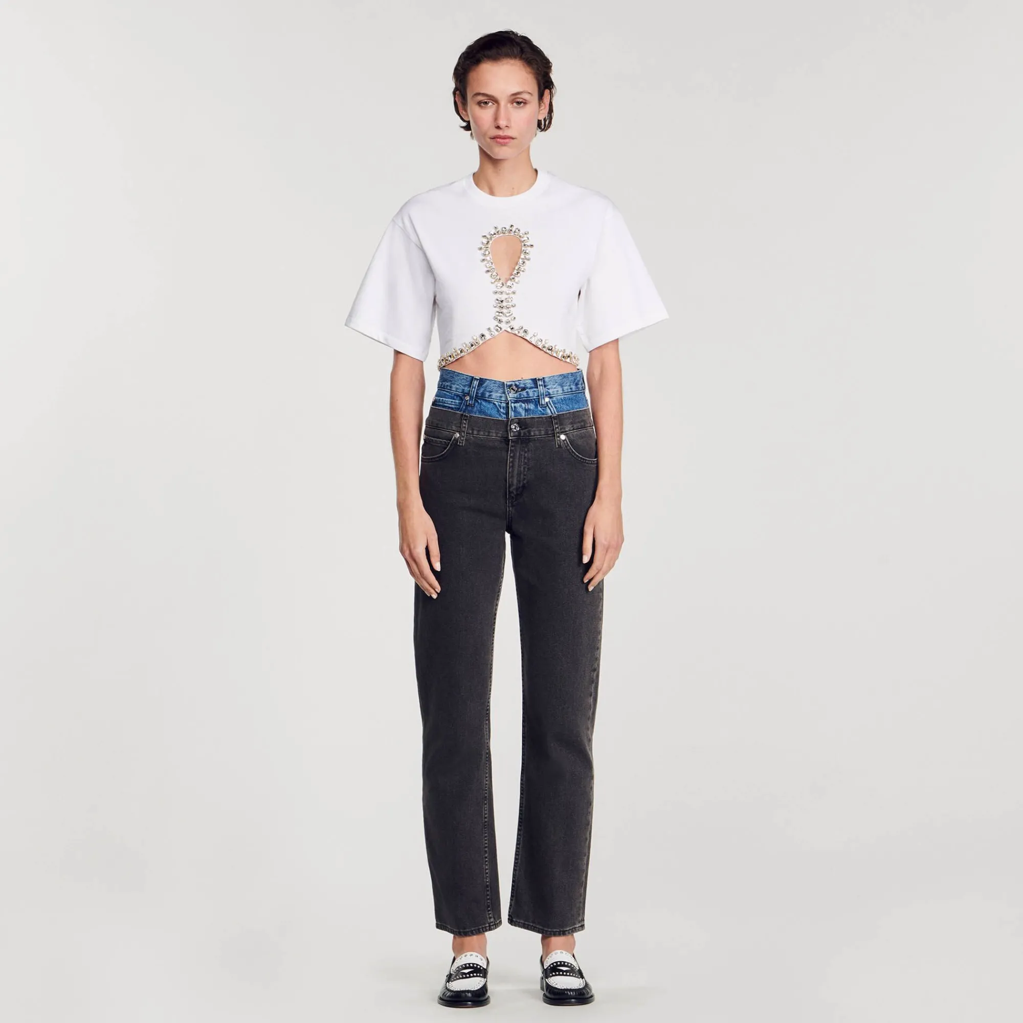 Mulheres Sandro Paris Camiseta Curta Com Strass