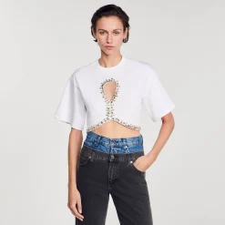 Mulheres Sandro Paris Camiseta Curta Com Strass