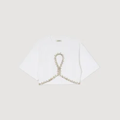 Mulheres Sandro Paris Camiseta Curta Com Strass