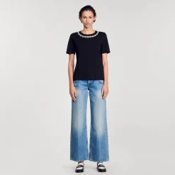 Mulheres Sandro Paris Camiseta De Algodao Organico, Gola Joia