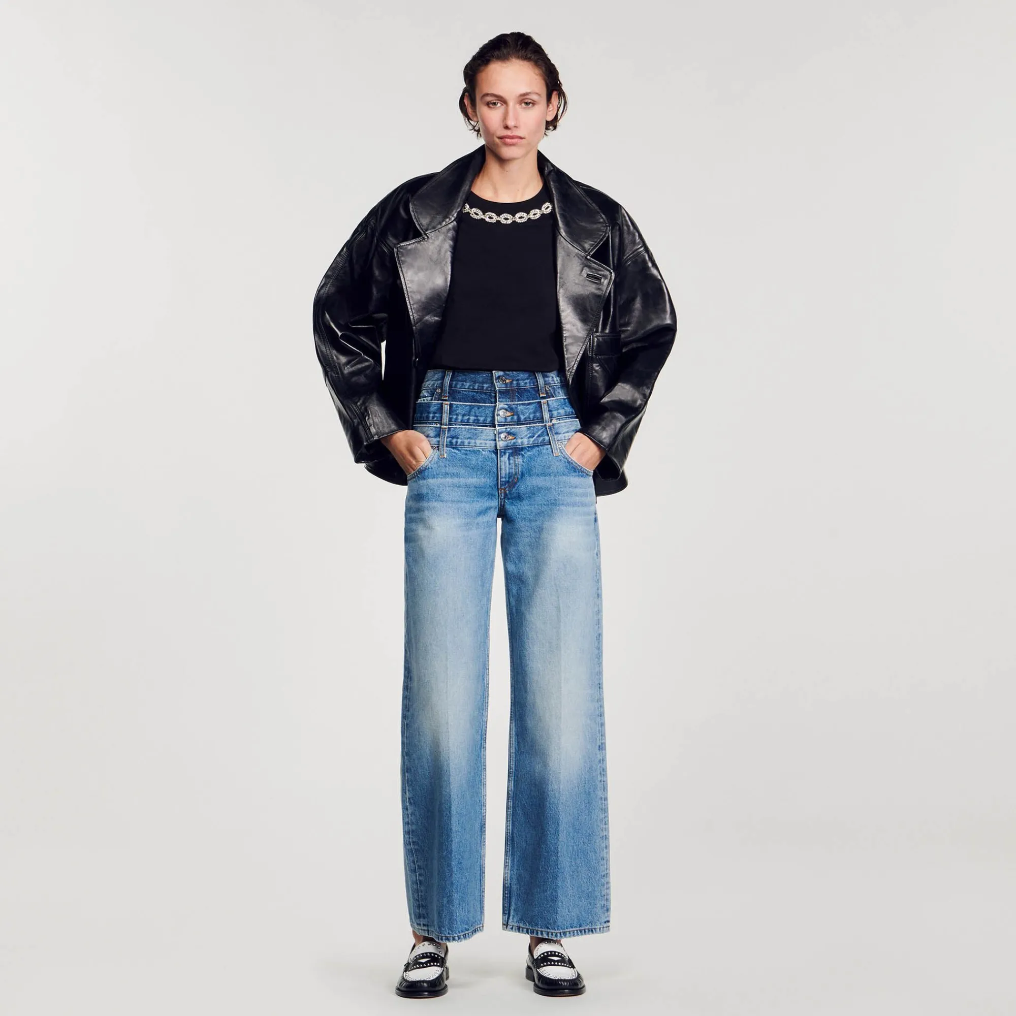 Mulheres Sandro Paris Camiseta De Algodao Organico, Gola Joia