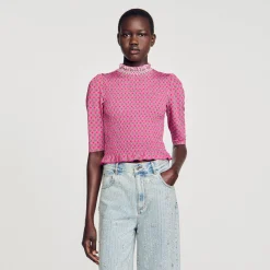 Mulheres Sandro Paris Camiseta Estampada Franzida