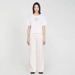 Mulheres Sandro Paris Camiseta Rosa Com Strass