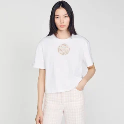 Mulheres Sandro Paris Camiseta Rosa Com Strass