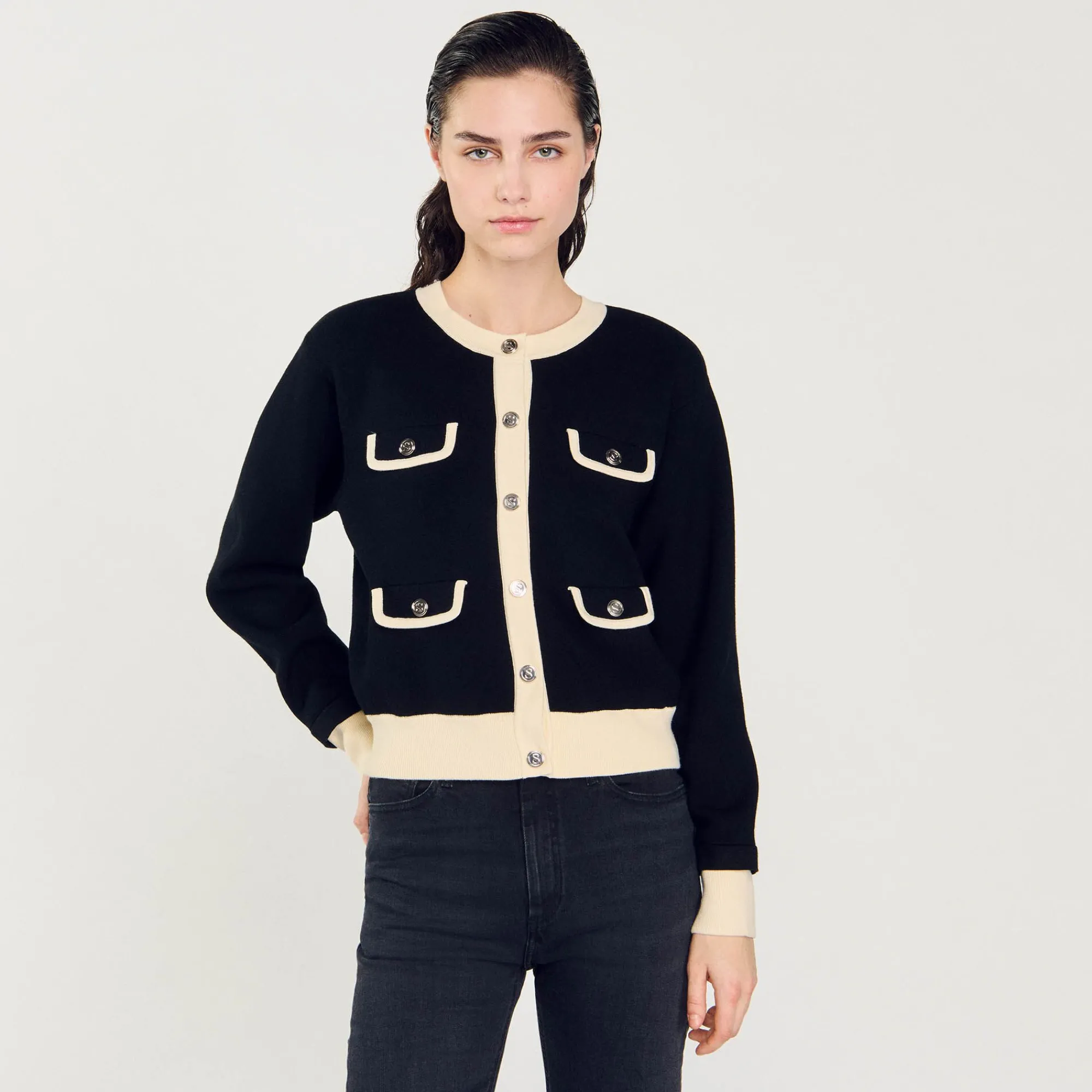 Mulheres Sandro Paris Cardiga Bicolor Com Botoes