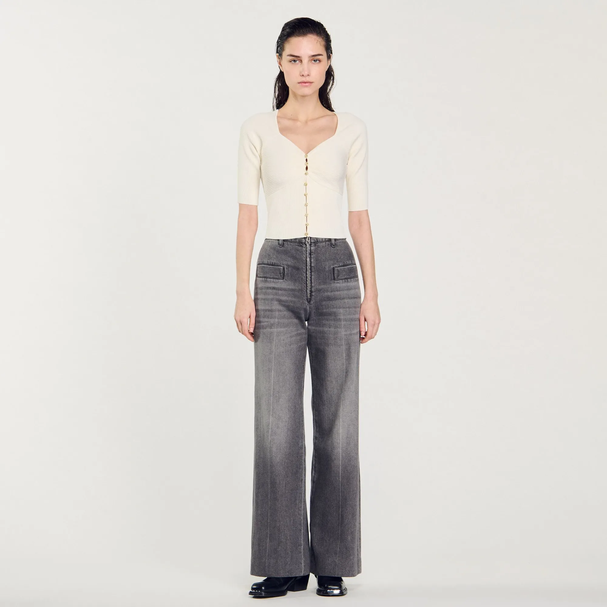 Mulheres Sandro Paris Cardiga Canelado Recortado