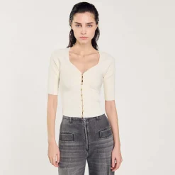 Mulheres Sandro Paris Cardiga Canelado Recortado