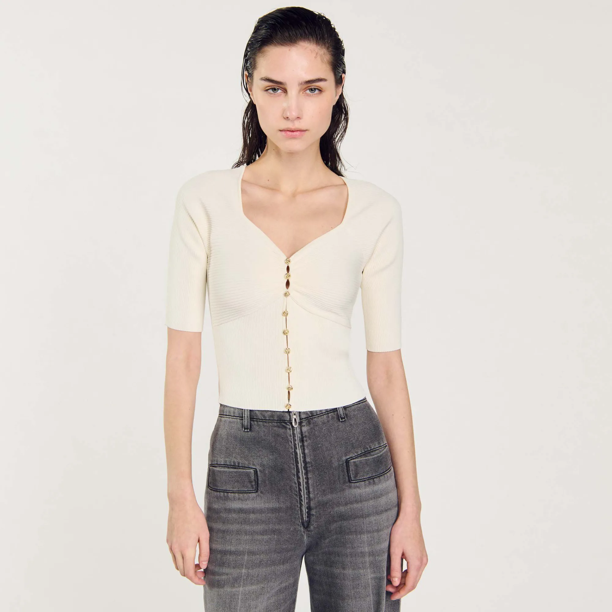 Mulheres Sandro Paris Cardiga Canelado Recortado