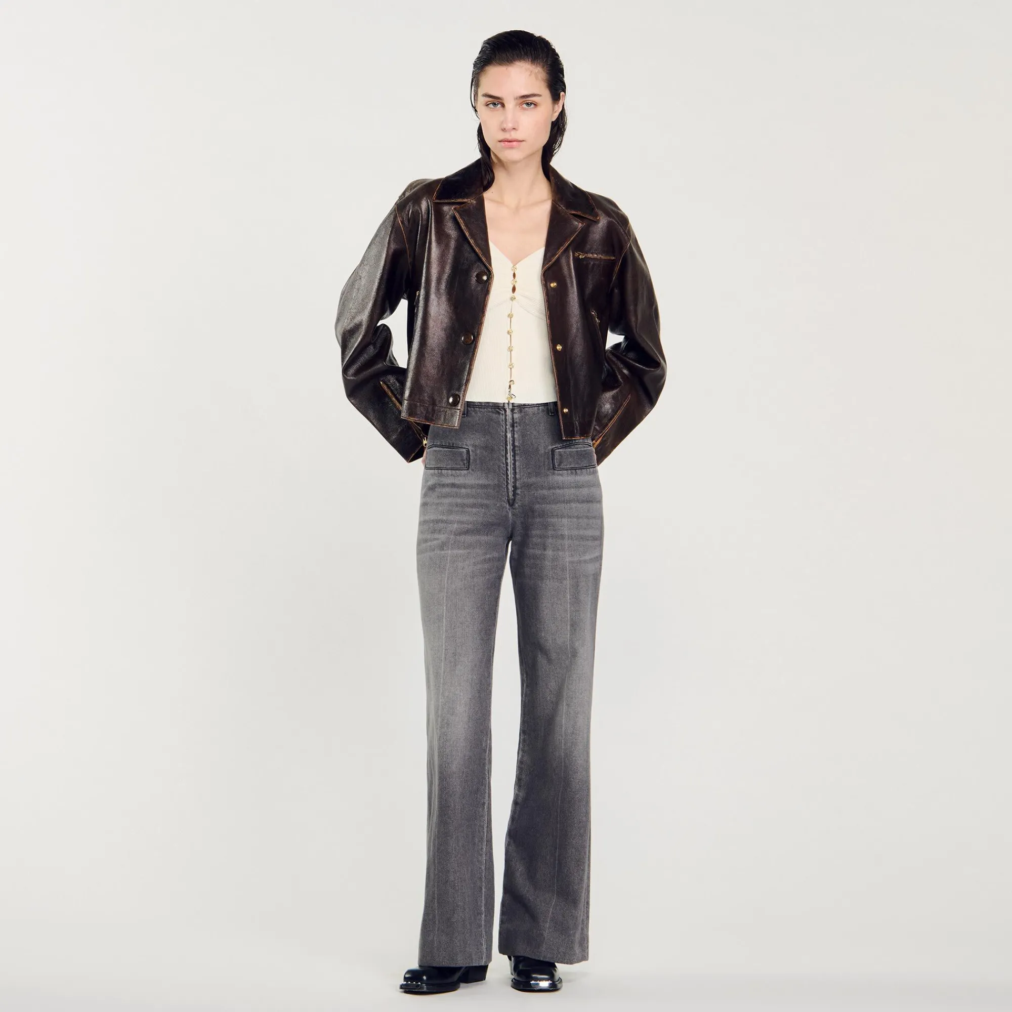 Mulheres Sandro Paris Cardiga Canelado Recortado