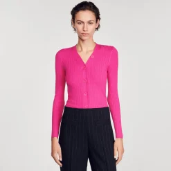 Mulheres Sandro Paris Cardiga De Malha Canelada