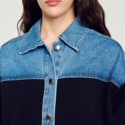 Mulheres Sandro Paris Cardiga Estilo Jaqueta De Dois Materiais