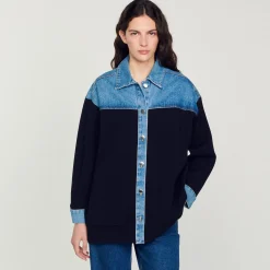 Mulheres Sandro Paris Cardiga Estilo Jaqueta De Dois Materiais