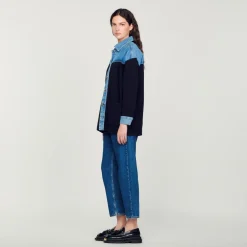 Mulheres Sandro Paris Cardiga Estilo Jaqueta De Dois Materiais