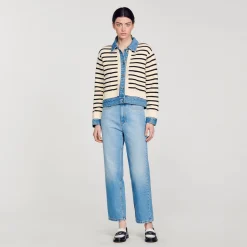 Mulheres Sandro Paris Cardiga Listrado Em Malha E Jeans