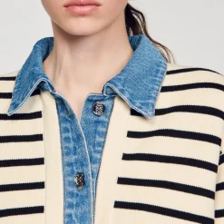Mulheres Sandro Paris Cardiga Listrado Em Malha E Jeans