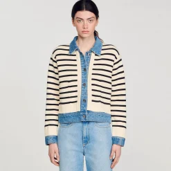 Mulheres Sandro Paris Cardiga Listrado Em Malha E Jeans