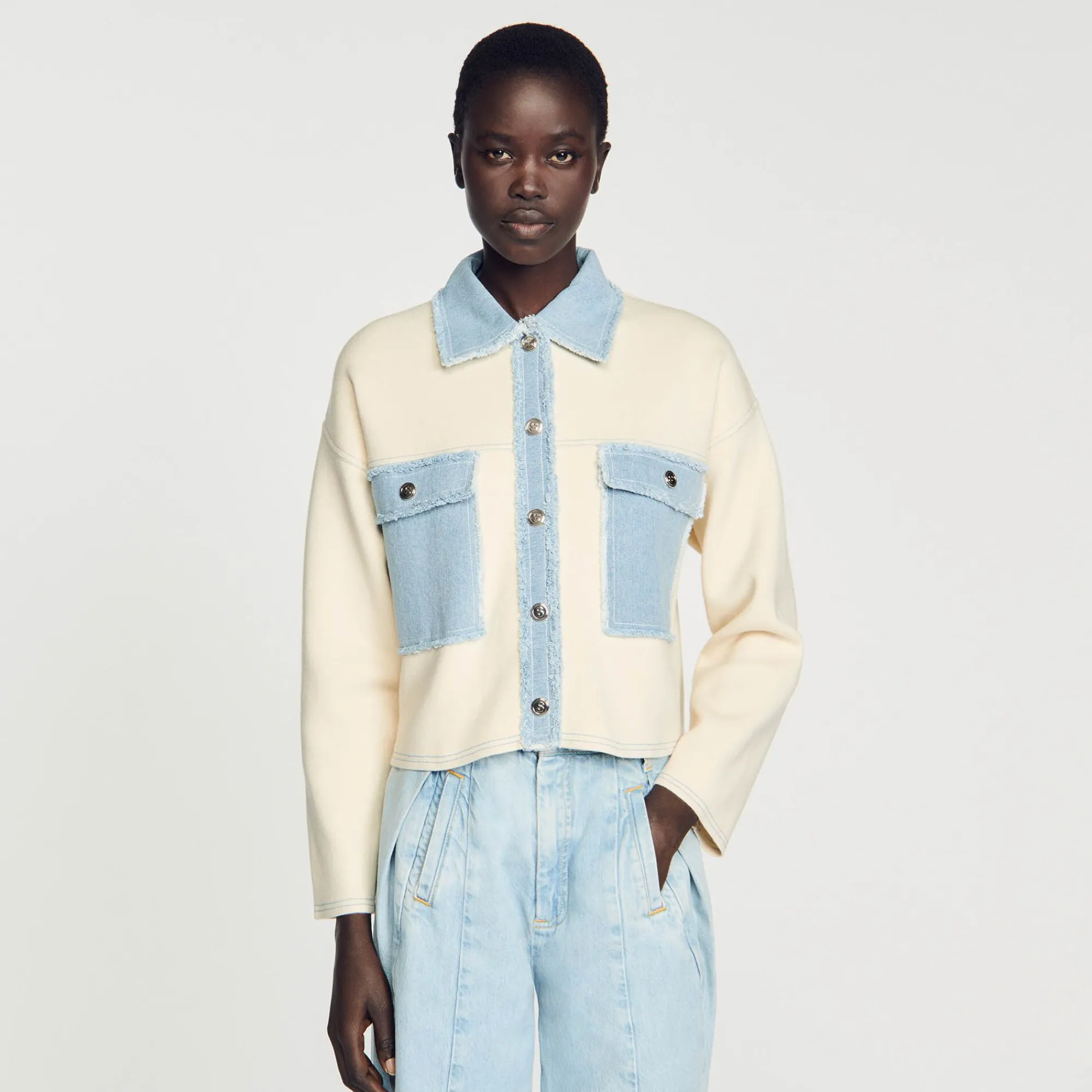 Mulheres Sandro Paris Cardiga Oversize De Dois Materiais