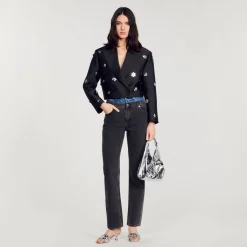 Mulheres Sandro Paris Jaqueta Curta De Cetim Com Flores