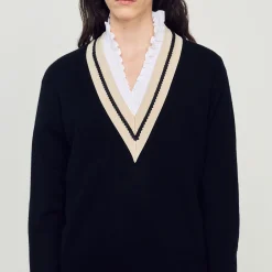 Mulheres Sandro Paris Sueter Contrastante Com Decote Em V