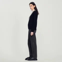 Mulheres Sandro Paris Sueter Contrastante Com Decote Em V