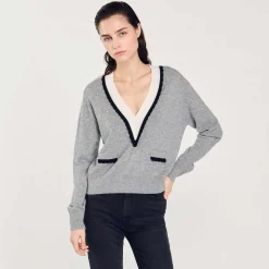 Mulheres Sandro Paris Sueter Contrastante Com Decote Em V