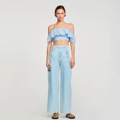 Mulheres Sandro Paris Top Cropped Com Babado