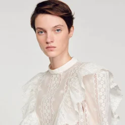 Mulheres Sandro Paris Top Cropped Com Bordado Ingles