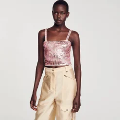 Mulheres Sandro Paris Top Cropped Com Detalhe De Strass