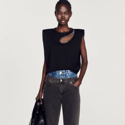 Mulheres Sandro Paris T-Shirt Com Strass E Abertura De Gota