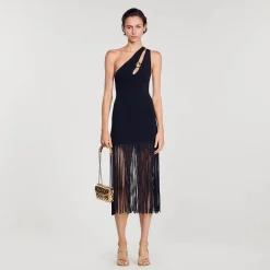 Mulheres Sandro Paris Vestido Assimetrico Com Franjas