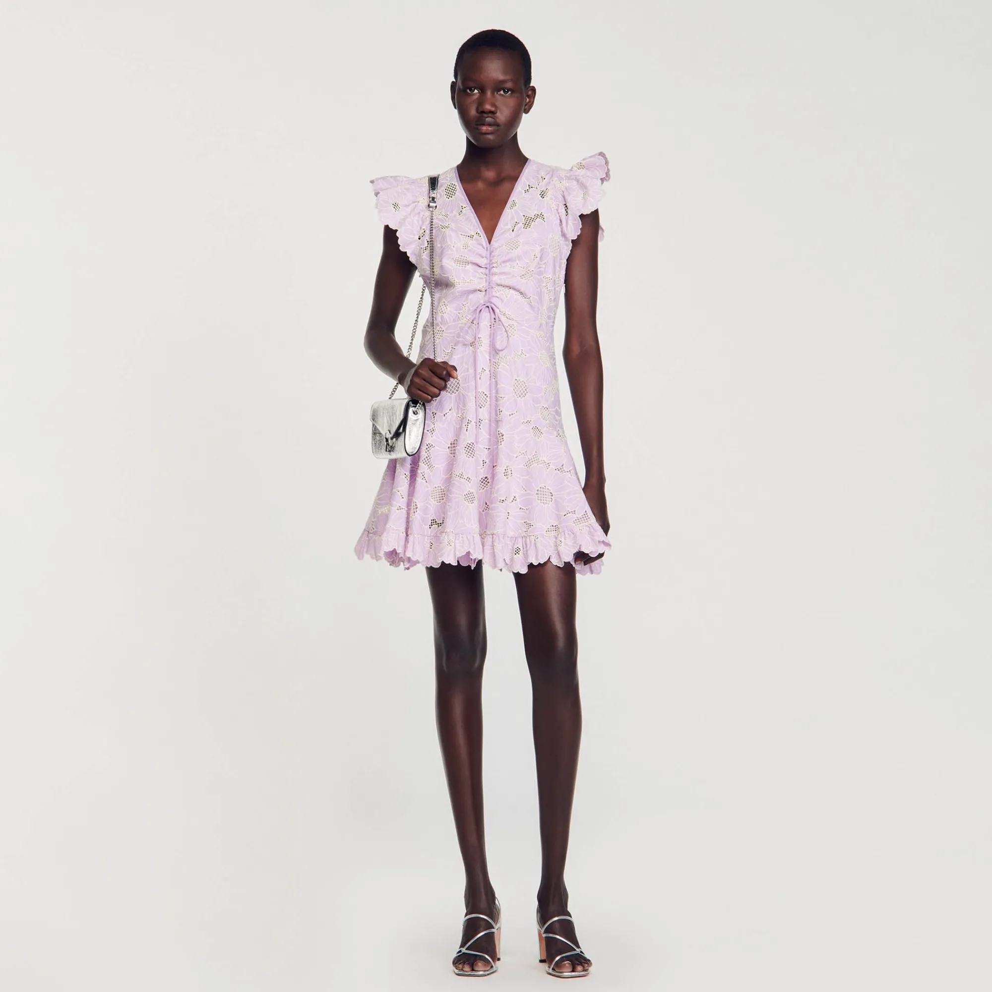 Mulheres Sandro Paris Vestido Curto Guipura Com Margaridas