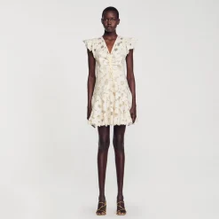 Mulheres Sandro Paris Vestido Curto Guipura Com Margaridas